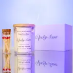Transparent jar unscented soy candle from Rocky Scent’s Bare Essence collection, shown with match jar and branded box.