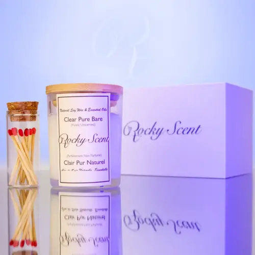 Transparent jar unscented soy candle from Rocky Scent’s Bare Essence collection, shown with match jar and branded box.