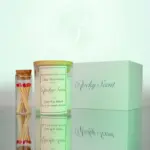 Jasmine-scented soy candle in a transparent glass jar, part of Rocky Scent’s Haven Essence collection, with corked match jar and gift box.
