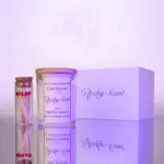 Lavender-scented natural soy candle in a transparent glass jar, part of Rocky Scent’s Lull Essence collection, displayed with match jar and gift box.
