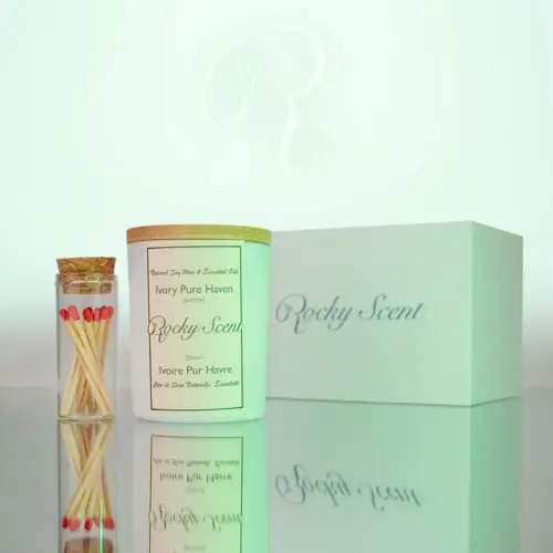 Ivory matte jasmine candle from Rocky Scent’s Haven Essence series, made with natural soy wax, displayed with match jar and gift box.