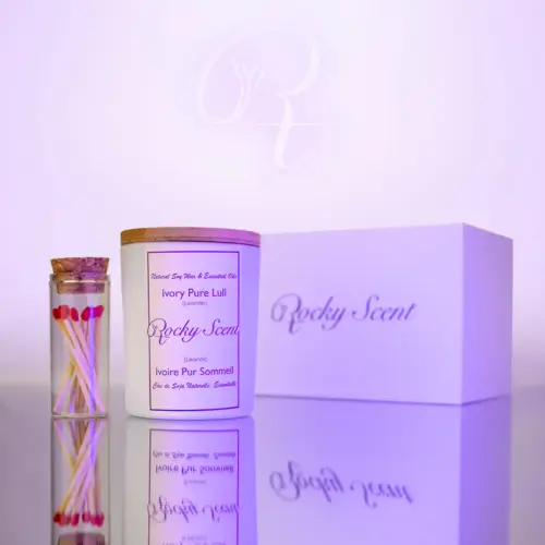 Ivory matte jar lavender candle from Rocky Scent’s Lull Essence collection, featuring soy wax and natural scent.
