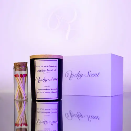 Obsidian black matte jar candle with lavender scent from Rocky Scent’s Lull Essence series, shown with match jar and packaging.