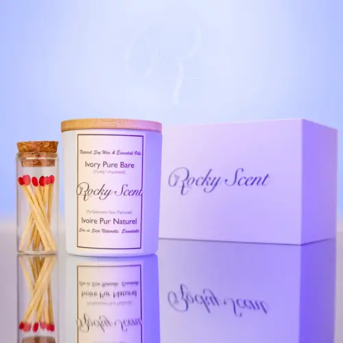 Ivory matte jar unscented soy candle with wooden lid, match jar, and branded Rocky Scent box.