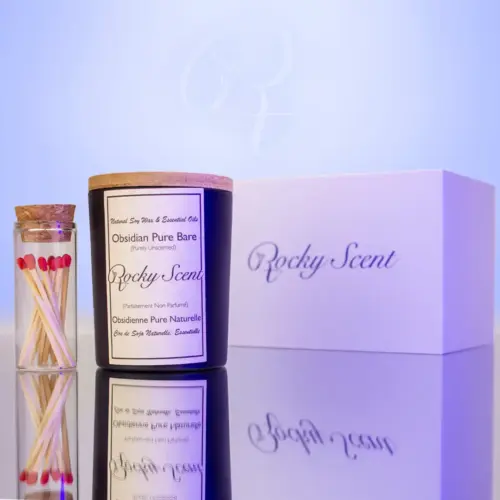 Obsidian matte black unscented candle from Rocky Scent with soy wax, match jar, and gift box.