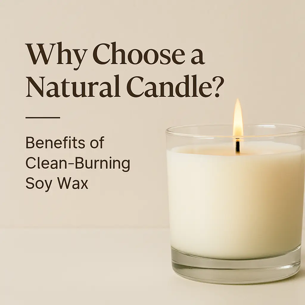 Lit natural soy wax candle in a glass jar on a beige background with text highlighting benefits of clean-burning candles.
